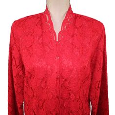 This lovely red lace blouse is a long sleeve button up and was made in Korea by Karen Scott. The blouse is collarless with a subtle scalloped edge. The blouse has a casual fit and shoulder pads (easily removed). The top is in new with tags attached condition. Hand wash, dry flat. Marked petite large ~ MEASUREMENTS compare to SIZE - Large Between shoulder seams ~ 16-1/2 inches Sleeve length ~ 24 inches Armpit to armpit ~ 21 inches * Bust up to 42 inches Waist ~ 39-3/4 inches Length from top of sh Long Sleeve Lace Top For Daywear, Formal Long Sleeve Lace Top, Elegant Red Tops With Lace Trim, Elegant Red Top With Lace Trim, Elegant Red Lace Trim Top, Red Lace Blouse For Spring, Red Lace Long Sleeve Top, 1980s Clothes, Red Lace Blouse