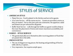 an american style menu with the words, styles of service