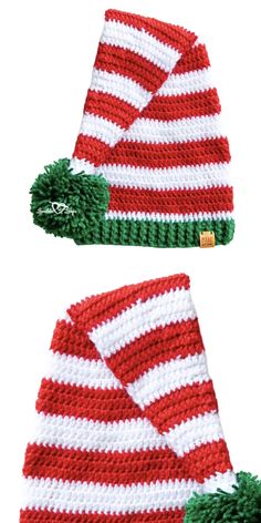 two crocheted hats with green and white stripes on them, one is red and the other is white