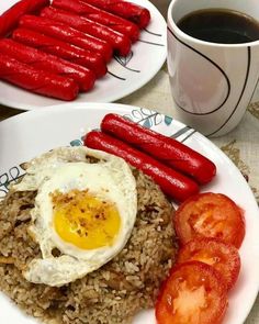 two plates with sausages, rice and eggs on them