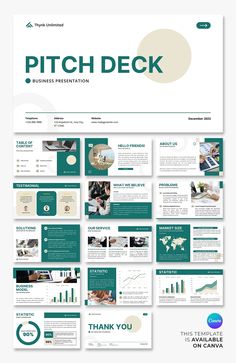 the pitch deck presentation is displayed in green and white