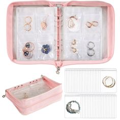 an open pink jewelry case filled with rings and bracelets