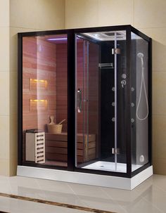 an indoor steam sauna is shown in the corner of a room with tile flooring