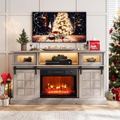 a living room decorated for christmas with presents on the floor and a fire place in the fireplace