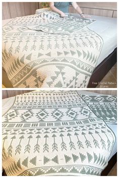 two pictures show the same blanket as they are being made