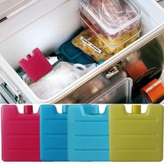 three different colored plastic containers with food in them and one is open to show the contents inside