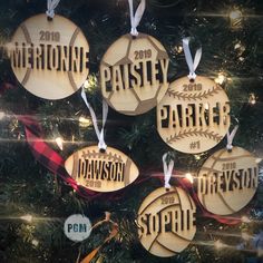 Sports Ornaments - Paisley Grace Designs Laser Engraving Jigs, Laser Engraved Ornaments, Laser Engraver Projects, Cnc Ornaments, Lasercut Ideas, Laser Products, Acrylic Items, Wood Engraved Gifts, Sports Ornaments