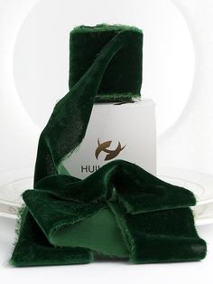 a green scarf sitting on top of a white plate