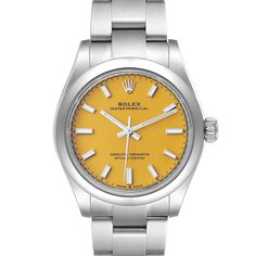 Midsize Rolex 31mm DateJust Stainless Steel Watch with Yellow Dial and Smooth Bezel. Pre-Owned SN# Z69**** Brand: Rolex. Gender: Ladies. Model: 277200. Crystal: Sapphire. Dial Color: Yellow. Dial: Diamond Dial. Condition: Excellent. Bezel: Smooth Bezel. Movement: Self-Winding. Case Dimensions: 31mm. Metal Type: Stainless Steel. Bracelet: Oyster Bracelet / Stainless Steel. Rolex Card / Paper: Includes Rolex Card. Box / Certificate: Rolex Box / Certificate of Authenticity. Service Warranty: One (1 Formal Yellow Watches, Formal Yellow Watch With Chronometer, Classic Yellow Watch Accessories For Formal Occasions, Timeless Yellow Watch With Chronometer, Classic Yellow Chronometer Watch, Timeless Yellow Chronometer Watch, Formal Yellow Watches With Metal Dial, Rolex 31mm Datejust, Corum Watches