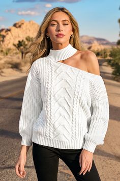 The White Cutout Long Sleeve Mockneck Sweater serves up cozy vibes with a bold twist—thanks to its cheeky cutout. It’s all warmth up top with a flash of attitude where you least expect it. Product code: CAA06A4K093CC Features:  Knit Mock neckline Long sleeves Shoulder cutout Wash Method: Regular Wash Material: 100%ACRYLIC. Trendy High Neck Cable Knit Sweater, Casual Cable Knit Funnel Neck Tops, Trendy Stretch Chunky Knit Top, Trendy Chunky Knit Winter Tops, Trendy Winter Chunky Knit Tops, Casual Chunky Knit Top With Funnel Neck, Trendy Fall Tops With Funnel Neck, Trendy Funnel Neck Tops For Fall, High Neck Cable Knit Winter Top