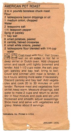 an old recipe for american pot roast with instructions on how to make it in minutes