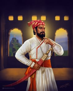 a painting of a man with a beard and turban standing in front of a building