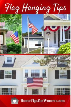 the american flag hanging in front of a house