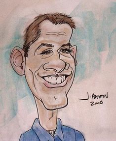 a caricature drawing of a smiling man with his name written on the front