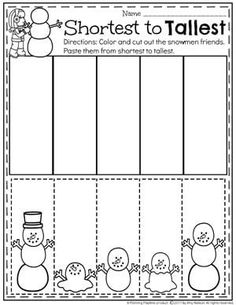 the shortest to tallest worksheet is shown with snowmen and penguins on it