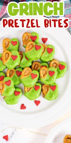 green pretzel bites on a white plate with hearts