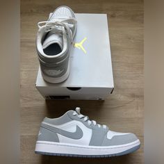 Women’s Air Jordan 1 Low, Size 9. White/Wolf Grey- Aluminum. Super Cute!! Brand New - Worn 1 Time Outside. Excellent Condition! Nike Fashion Shoes, Nike Air Jordan 1 Low, Womens Air Jordans, Birthday Idea, Fresh Shoes, Cute Nikes, White Wolf, Air Jordan 1 Low, Jordan 1 Low