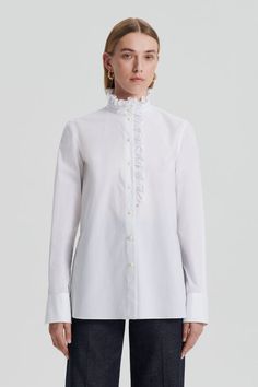 PARACHUTE RUFFLE TRIM SHIRT - WHITE - Scanlan Theodore Feminine Elegance, Scanlan Theodore, The Shirt, Tailored Trousers, Ruffle Trim, To Work, Button Up, Trousers, Trim