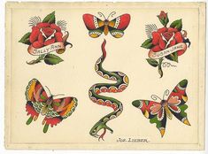 an old school tattoo flash sheet with roses and butterflies on it's back side