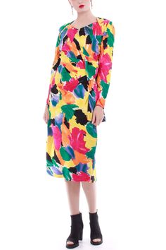 Vibrantly colored with an artists brush stroke of inspiration, this 1980s vintage pure silk long sleeve dress is pleated at the side with a flat-lying floppy bow detail, sweetheart style neckline, fitted sleeves with fabric covered button closures, back slit, back zipper closure, lined in white satin. No stretch to this fabric. One naturally occurring irregularity in the weave of the silk as shown. This dress has been cleaned and appears completely unworn. Stand out from the crowd in this color Silk Long Sleeve Dress, Fabric Covered Button, Sleeve Midi Dress, Vintage Labels, Long Sleeve Midi, Long Sleeve Midi Dress, 1980s Vintage, White Satin, Fabric Covered