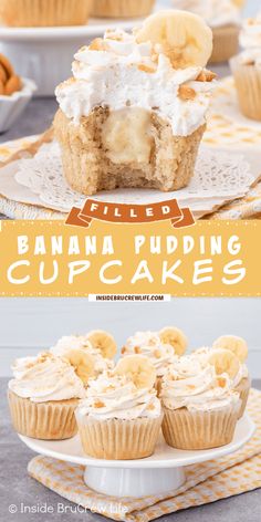 banana pudding cupcakes with whipped cream and bananas in the middle on a plate