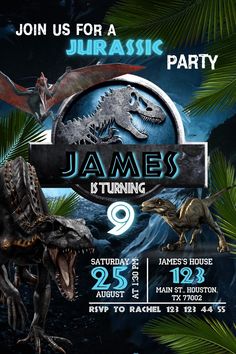 an image of a dinosaur birthday party with the name james ktuning on it