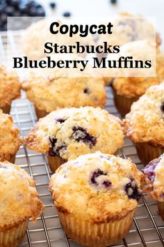 blueberry muffins on a cooling rack with text that reads copycat starbucks's blueberry muffins