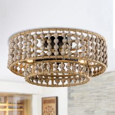 This unique 15.7-inch round flush mount is the perfect statement piece for living rooms, bedrooms, closets, and dining areas. The piece features a metal frame and a bowl-shaped shade comprised of faux wood beaded strands that hang from the round ceiling canopy, neutral and versatile enough for any home decor style. three bulbs are housed inside the shade, offering enough illumination for small or large rooms Parrot Uncle 3-Light 15.74-in Distressed White Flush Mount Light | W9127-3110V Vegas Decor, Light Bed, Drum Light, Contemporary Ceiling Light, Farmhouse Light Fixtures, Flush Mount Chandelier, Mount Ceiling Lights, Farmhouse Lighting, Green House