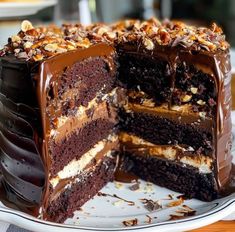 a large chocolate cake on a white plate with one slice cut out and the other half eaten