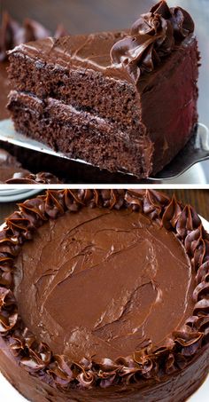 two pictures of chocolate cake with one slice taken out