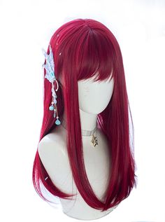 Air Bangs Red Long Straight Hair Sexy European And American Style Lolita Wigs Red Wine Wig, Wig Styles Ideas, Red Long Hair With Bangs, Anime Wigs Long, Halloween Red Hair, Long Red Hair With Bangs, Hairstyles For Red Hair, Red Hair Wigs, Red White Hair