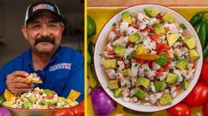 a man sitting in front of a plate of food next to an image of vegetables