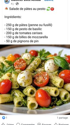 a white plate topped with pasta covered in pesto and cherry tomatoes next to an instagram post