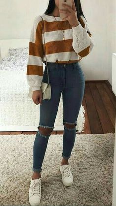 Teenage Outfits, Paris Mode, Fashion Trends Winter, Winter Trends, Cute Fall Outfits, Teenager Outfits, Clothes Ideas, Striped Sweater