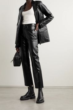 Black Leather-blend straight-leg pants | AGOLDE | NET-A-PORTER Straight Leather Pants, Straight Leg Leather Pants, Lederhosen Outfit, Straight Leg Jeans Outfits, Leather Pants Outfit, Jean Vintage, Black Leather Pants, Leather Jeans, Leather Trousers