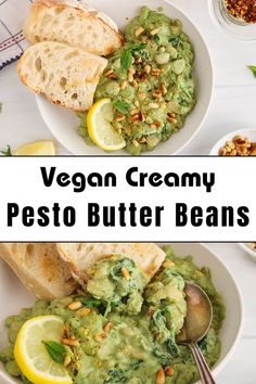 vegan creamy pesto butter beans in white bowls