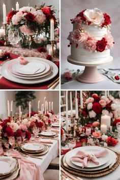 the table is decorated with pink and red flowers, white plates, and silverware