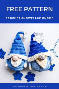 two crocheted snowflake gnomes with text overlay that says free pattern