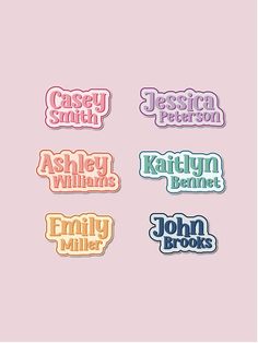 four different colored stickers with the words casey, william, and kitty on them