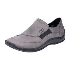 Rieker L1791-45 Women's Slip-Ons, Grey Rieker L1791-45 Women's Slip-Ons, Grey Comfortable and practical! These casual slip-on shoes with a wide shaft from Rieker are cozy companions for all your journeys. The light and shock-absorbing outsole with a comfortable heel adds an extra level of comfort. With the slim E 1/2 fit, these shoes provide additional support. Pure wearing luxury!   Color: Grey  Heel Height: 2 cm  Heel Shape: Flat  Toe Shape: Round  Shoe Width: Normal (G)  Removable Insole: No  Sole Color: Black  Closure: Slip-On  Water Protection: No  Reflective: No  Shaft Height: Ankle   Material & Care  Upper Material: Synthetic Leather  Inner Material: Synthetic  Insole: Synthetic  Sole: PU Sole  Shoe Lining: Cold or Unlined  Care Instructions: Remove dust and dirt with a soft shoe br Luxury Slip-ons With Leather Lining And Round Toe, Women's Slip Ons, Casual Slip On Shoes, Grey Heels, Women's Slip On Shoes, Shoe Brushes, Soft Shoes, Comfortable Heels, Sole Shoes