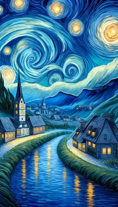 a painting of houses on the side of a river at night with stars in the sky