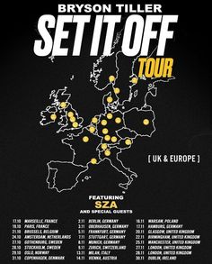 the tour poster for bryson tiller's set it off tour, featuring six european cities