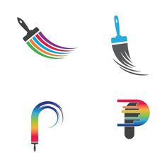 four different types of paintbrushes with various colors and shapes on white background illustration