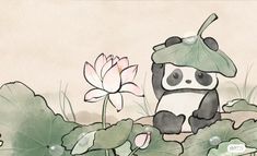 a painting of a panda bear sitting in the middle of water lilies with a hat on its head