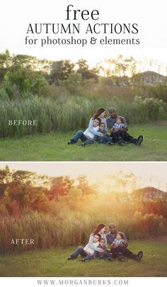 three people sitting in the grass with their arms around each other and text over them that reads, free autumn actions for photoshop & elements