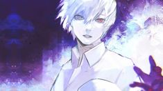 an anime character with white hair and blue eyes, standing in front of a purple background