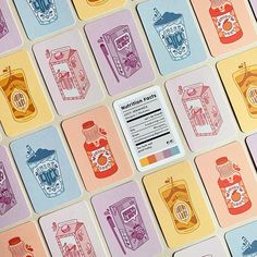 several cards with different types of food and drinks on them, all showing the label