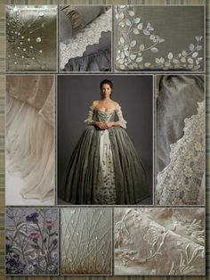 many different pictures of dresses and fabrics with flowers on the dress, one in white