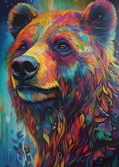 a painting of a bear with colorful colors