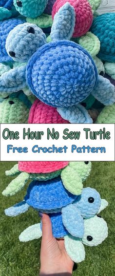 a hand holding a bunch of crocheted turtle toys in it's palm with the text, one hour no sew turtle free crochet pattern